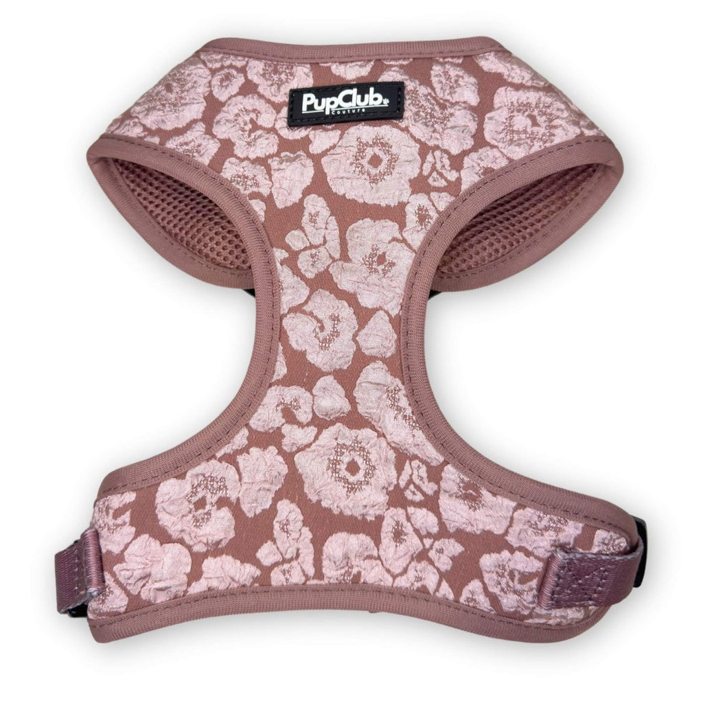 Dog harness in mauve with light floral pattern, adjustable chest straps and buckle