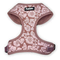 Dog harness in mauve with light floral pattern, adjustable chest straps and buckle