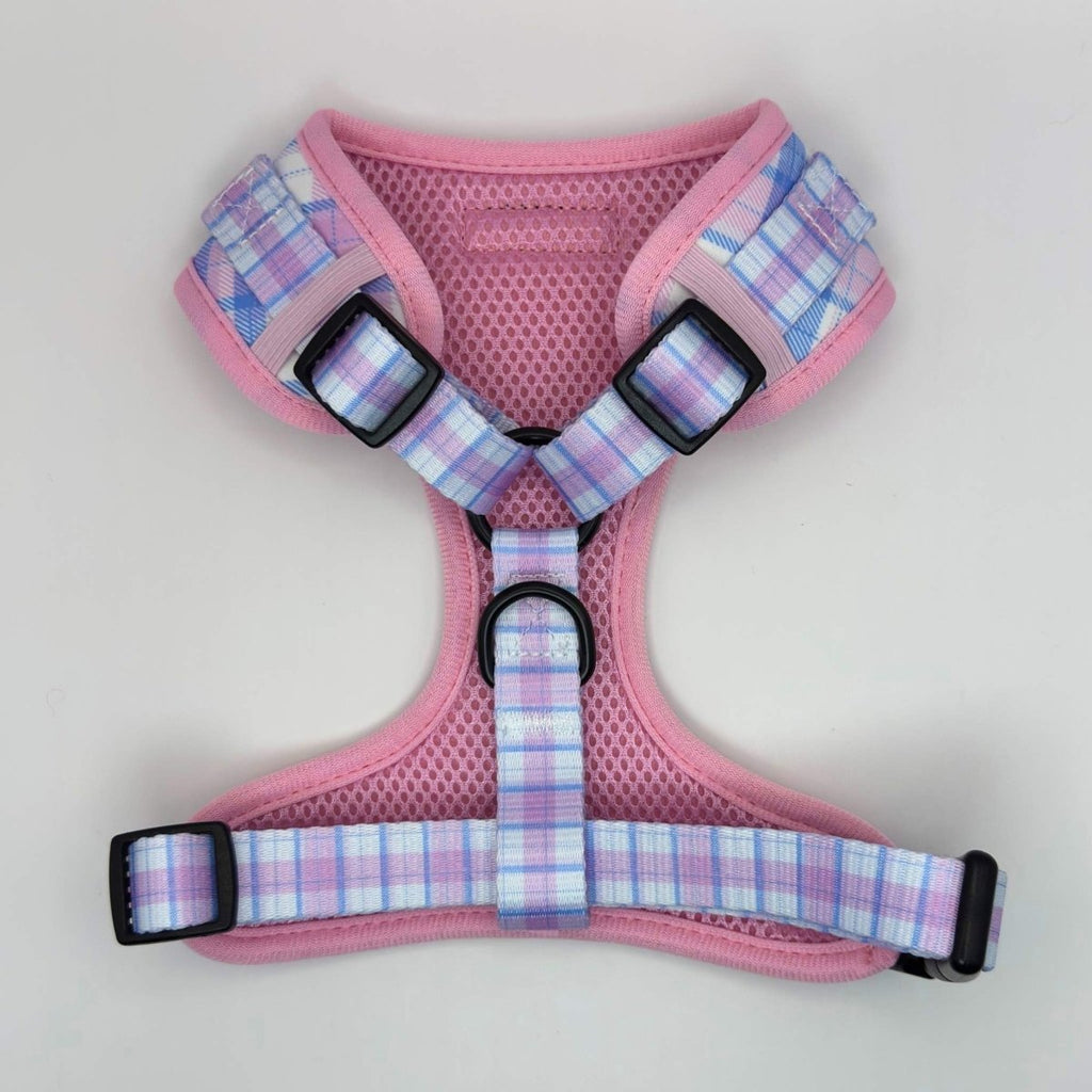 Adjustable dog harness, pink plaid with mesh lining and four black adjuster buckles