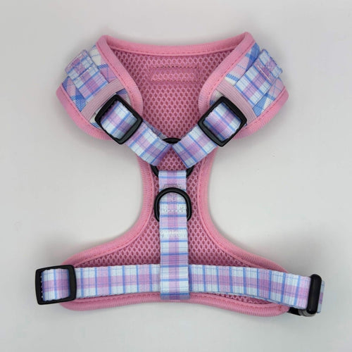 Adjustable dog harness, pink plaid with mesh lining and four black adjuster buckles
