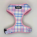 Adjustable dog harness, pink tartan plaid with PupClub patch and padded straps