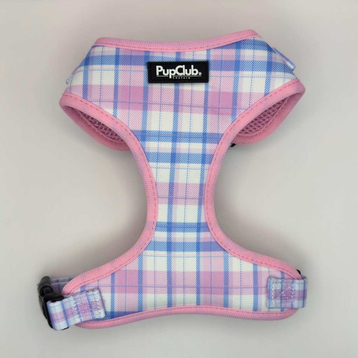 Adjustable dog harness, pink tartan plaid with PupClub patch and padded straps