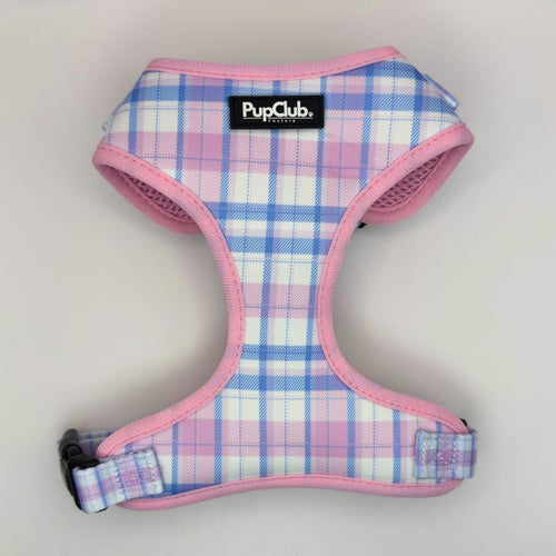 Adjustable dog harness, pink tartan plaid with PupClub patch and padded straps
