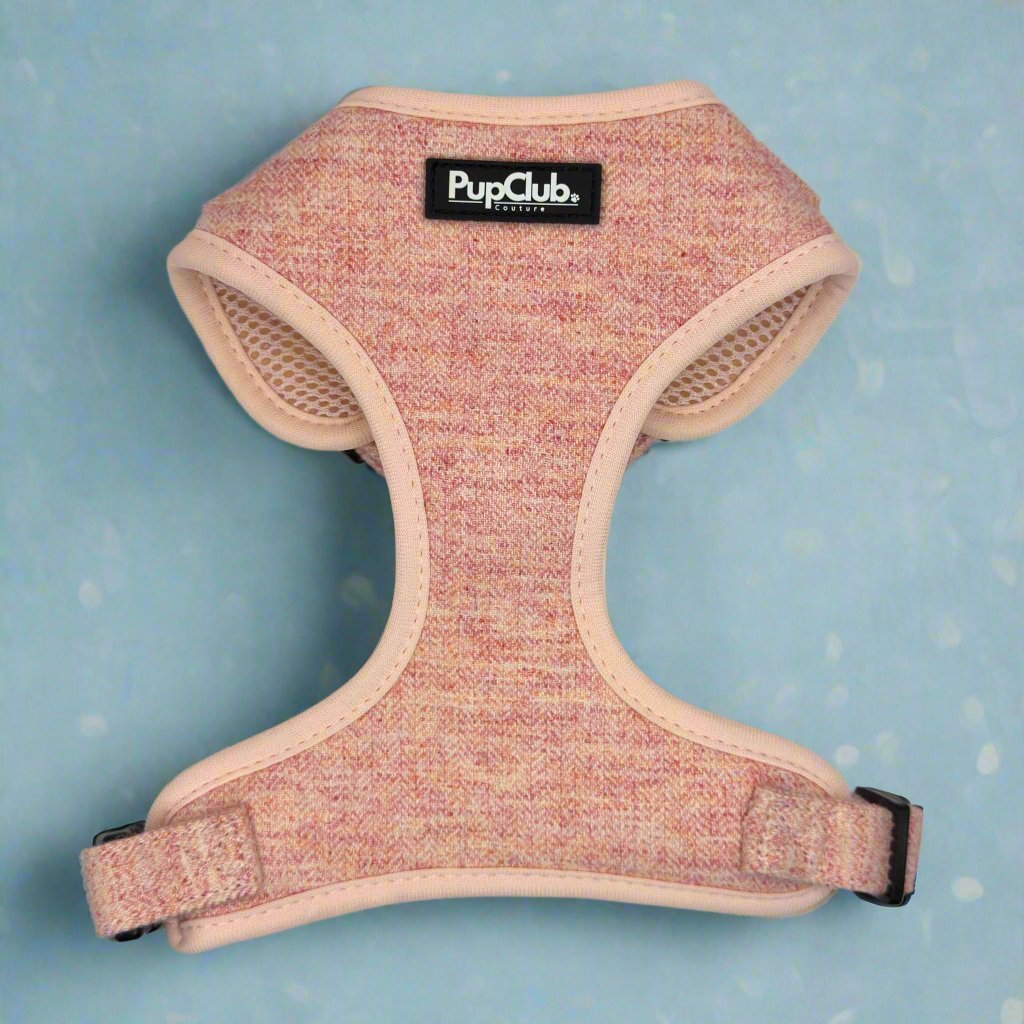 Pink tweed dog harness with beige trim and PupClub logo patch