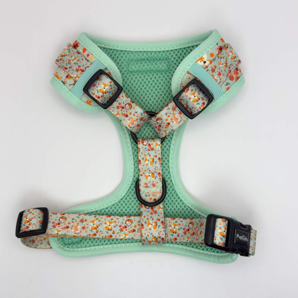 Adjustable dog harness with woodland print, mint trim, front buckles and straps