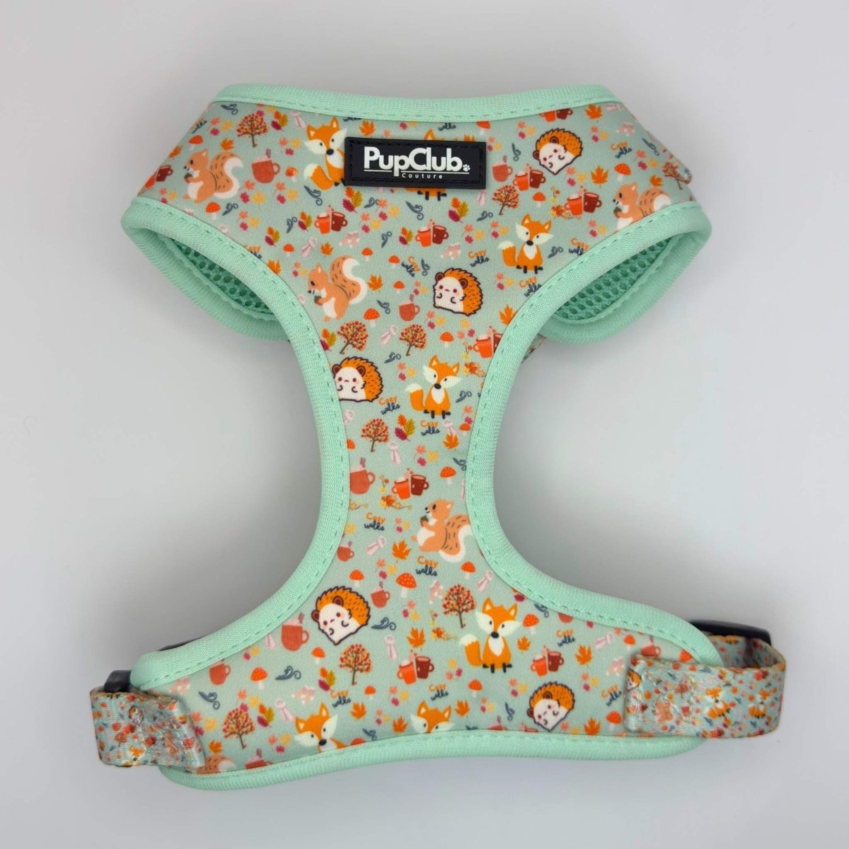 Adjustable dog harness with woodland animal print and mint green trim, front view