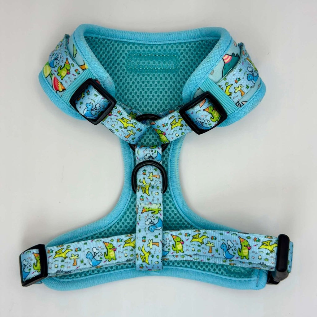 Adjustable dog harness with turquoise mesh lining and dinosaur print, back view