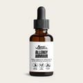 Glass tincture bottle with black dropper, Allergy Armour label for dogs and cats