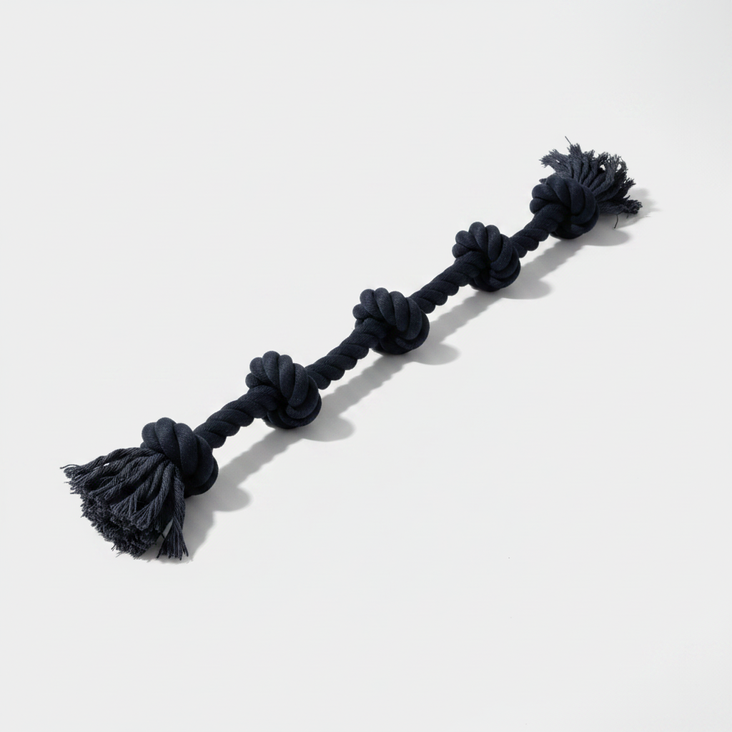 Dark cotton rope tug toy with multiple knots and two tassel ends