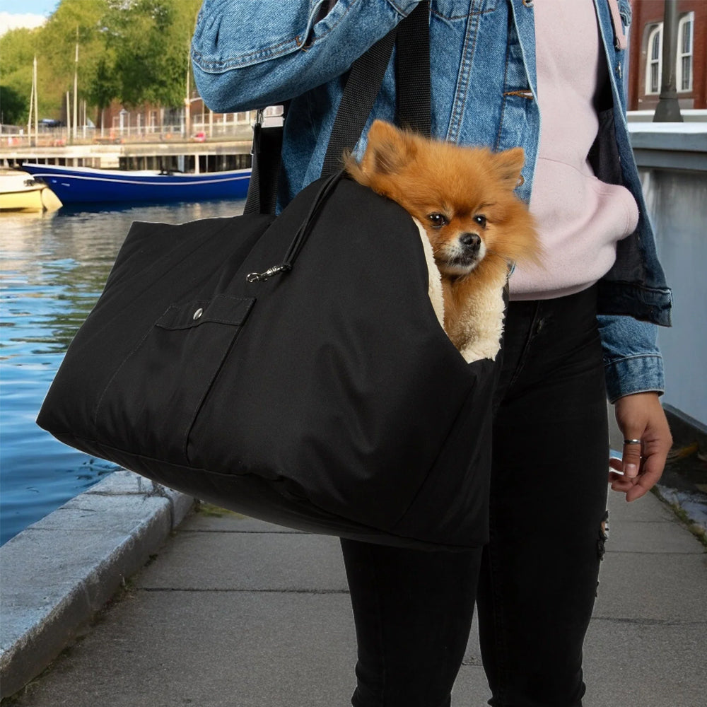 Rainy Bear Luxury Waterproof Dog Carrier – Black & Beige Zip Top | Soho Poms