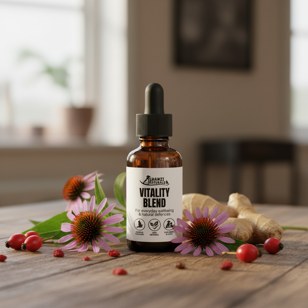 Vitality Blend tincture bottle with dropper on wooden table, amber glass