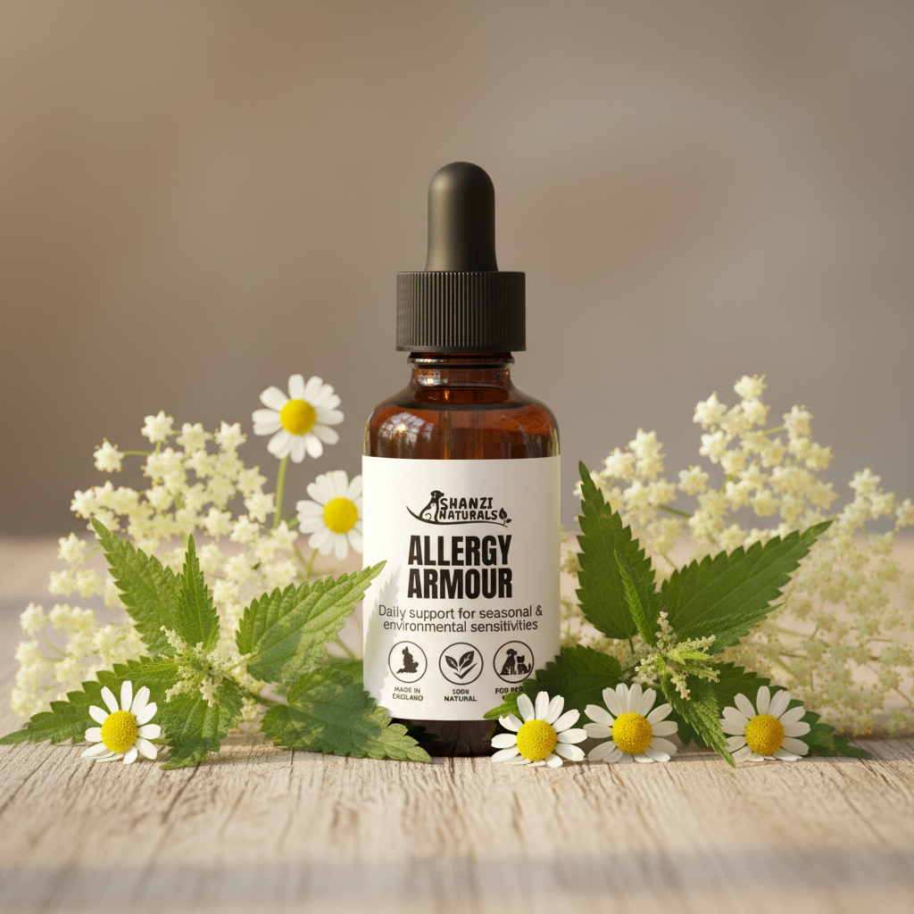 Amber tincture bottle with black dropper, Allergy Armour label with daisies