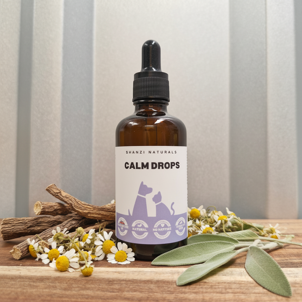 Shanzi Naturals Calm Drops bottle with dropper, amber glass and purple label with herbs