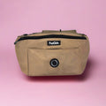 Tan bum bag with black zipper and front logo patch
