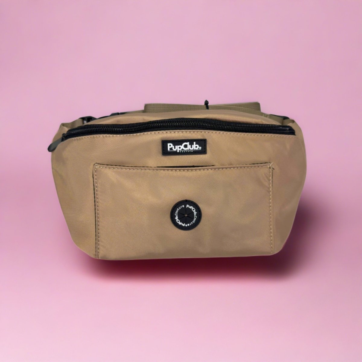 Tan bum bag with black zipper and front logo patch