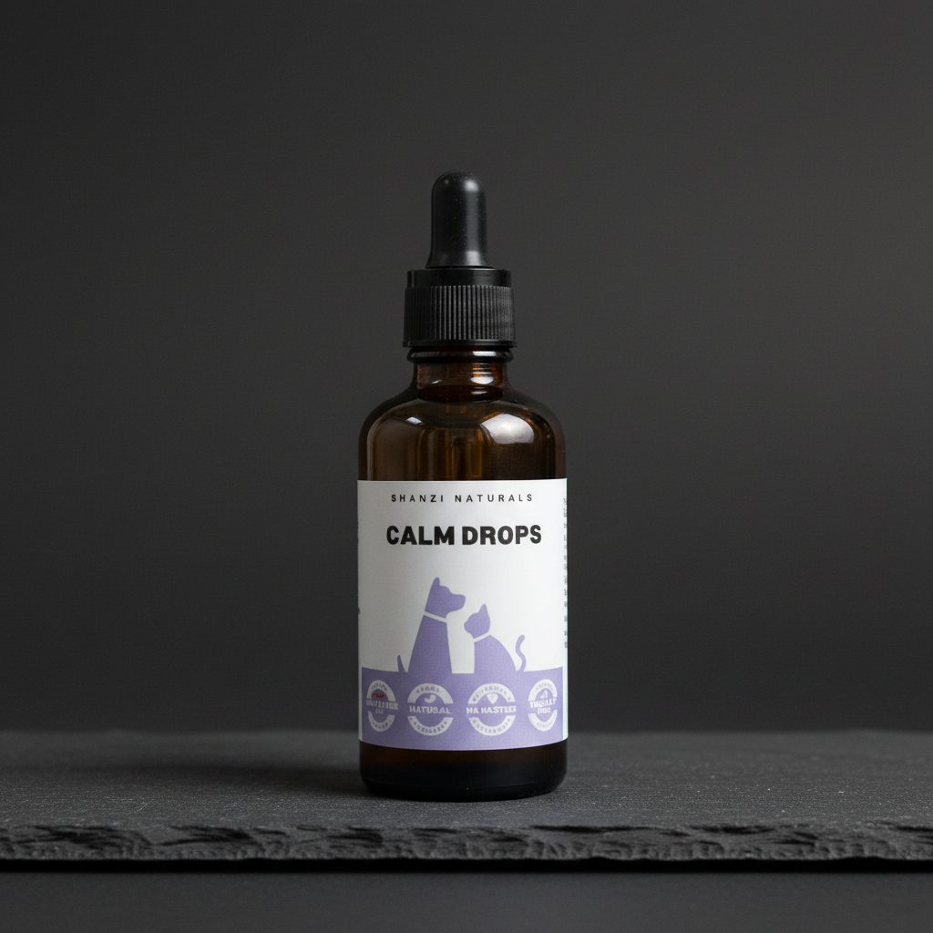 Shanzi Naturals Calm Drops dropper bottle, amber glass with purple dog icon label
