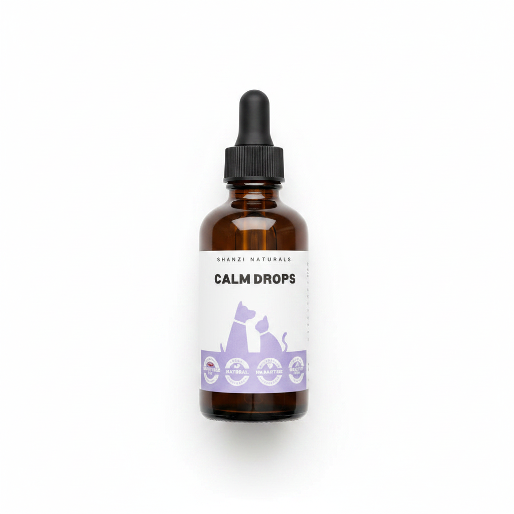Shanzi Naturals Calm Drops dropper bottle, amber glass with black cap and purple label