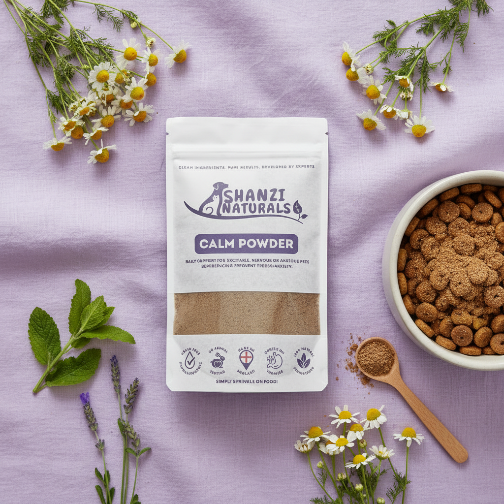 Calm powder pouch with herbs nearby, front label and brown granules visible