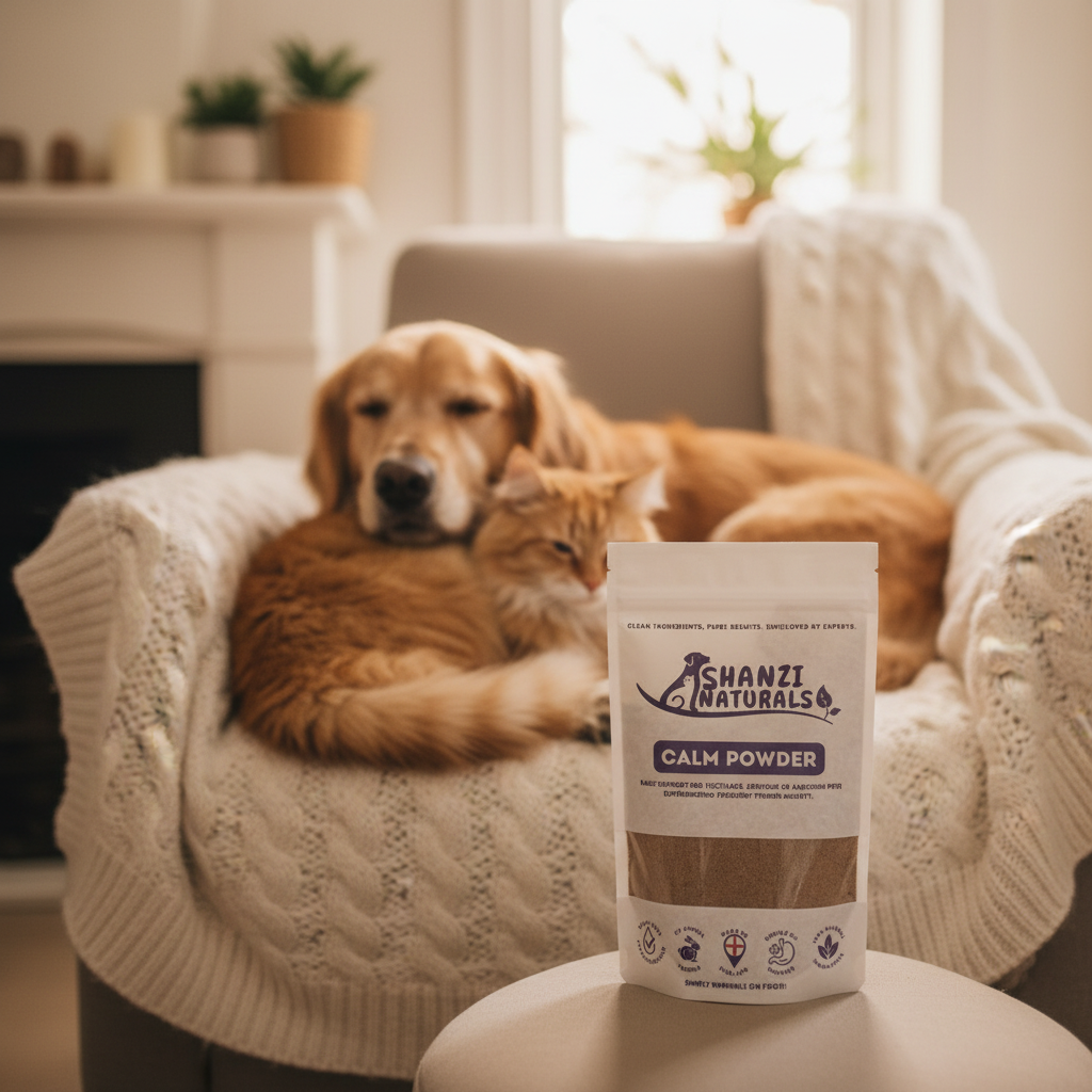 Calm powder pouch with visible front label, next to a resting dog and cat