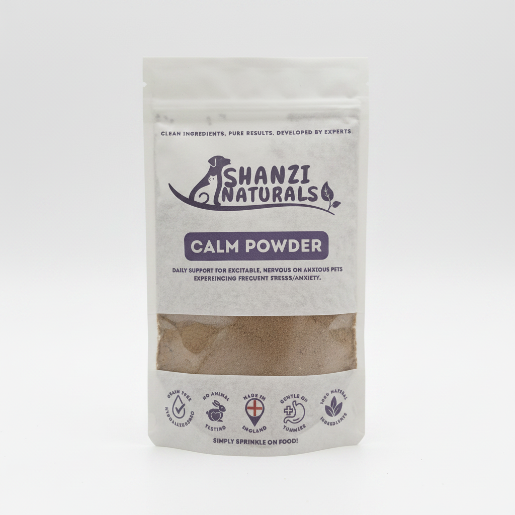 Calm powder pouch, white front label with brown granules across the bottom