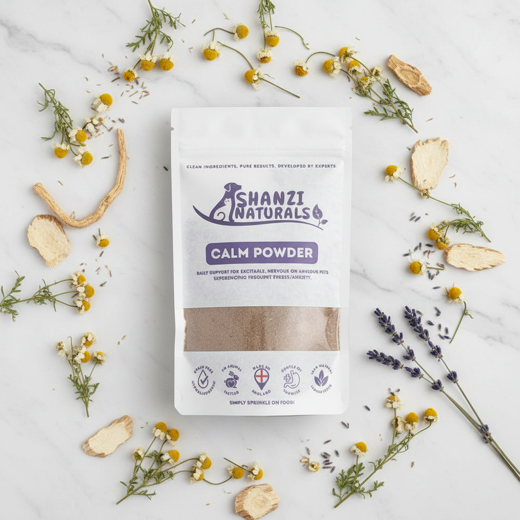Calm powder pouch on light surface, front label with brown powder section