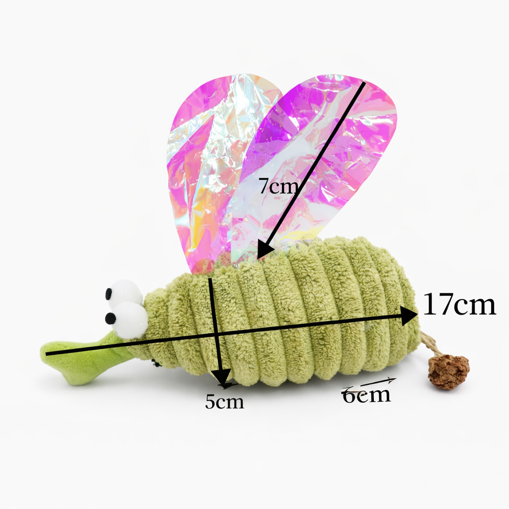 Green plush mosquito toy with holographic wings; 17cm length and 5cm base width