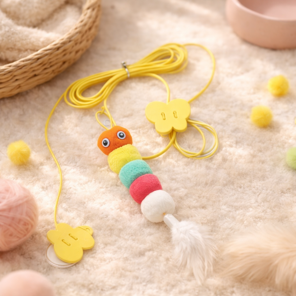 Hanging cat toy with yellow rope, orange caterpillar plush, feather tail, cloud charm