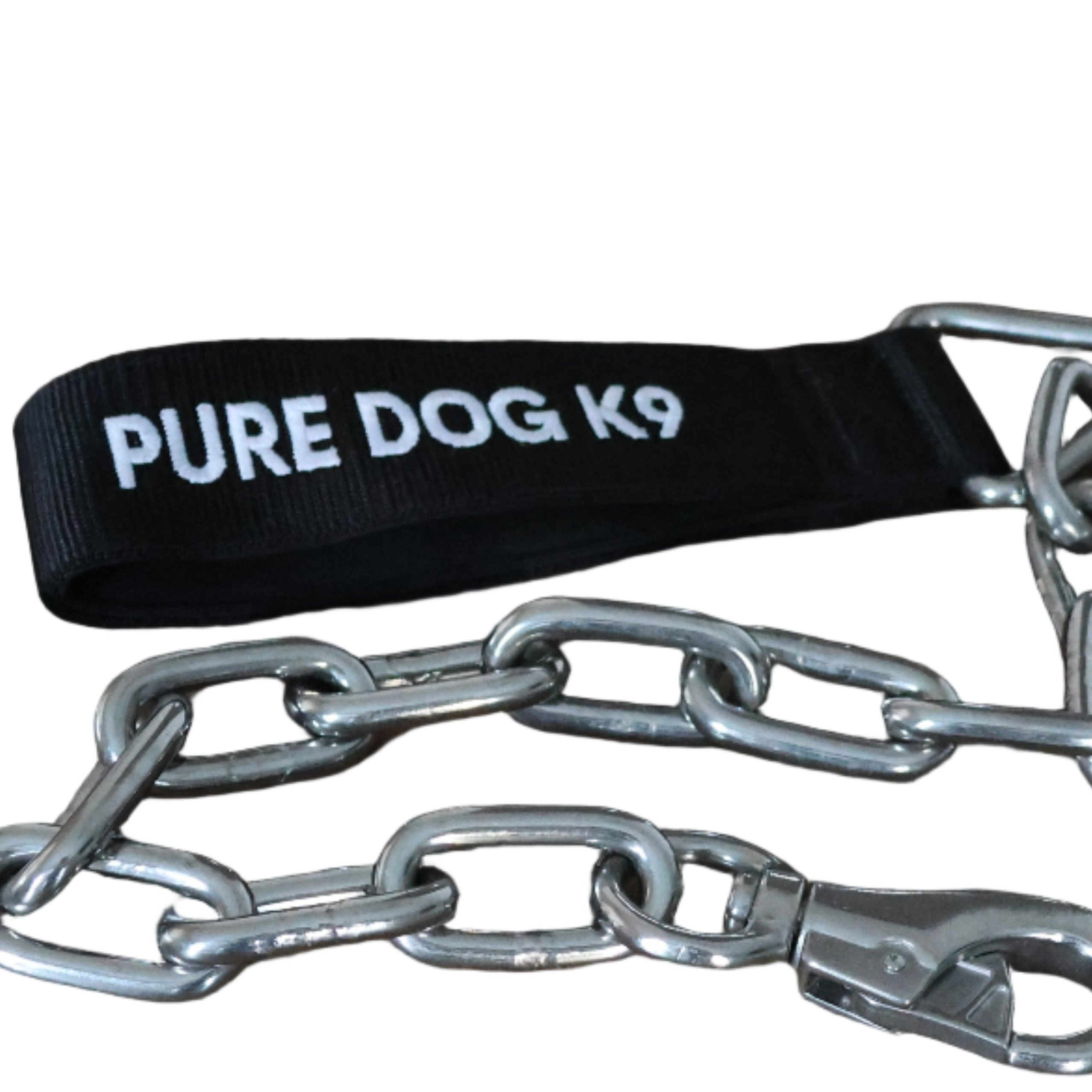 Black dog leash strap with metal chain and lobster-style clip