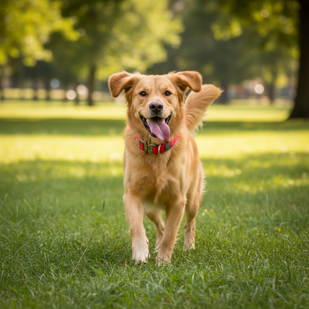 Golden retriever wearing citrus red tactical dog collar with metal buckle and logo