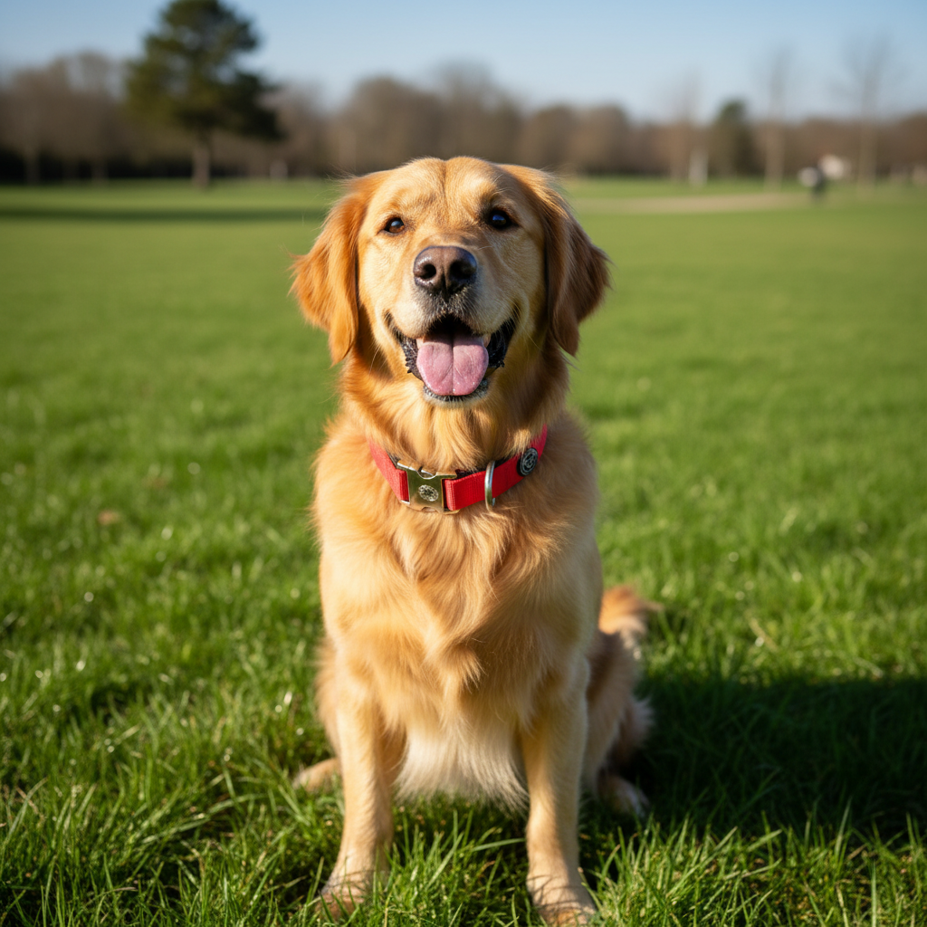 Gold dog wearing citrus red tactical collar with metal buckle and D-ring