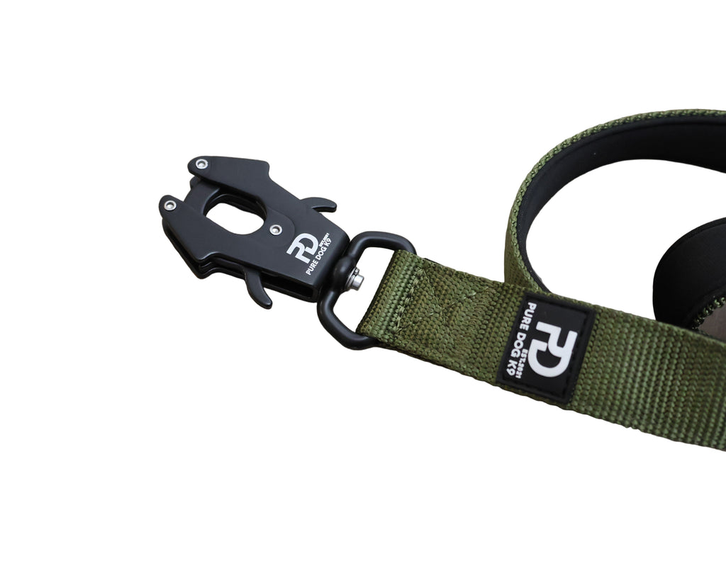 Khaki dog leash close-up with snap hook and woven strap