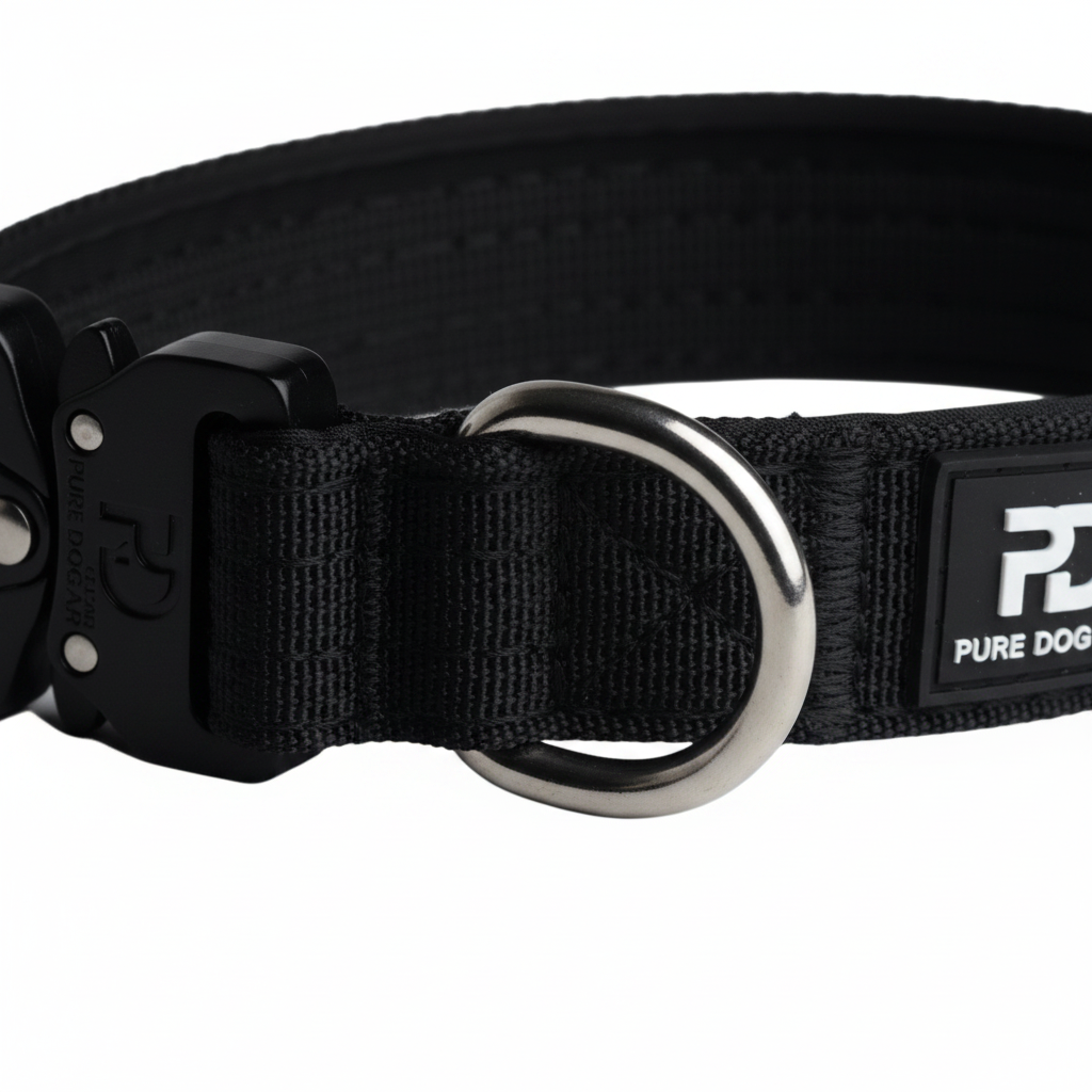 Black tactical dog collar close-up with metal D-ring and logo patch