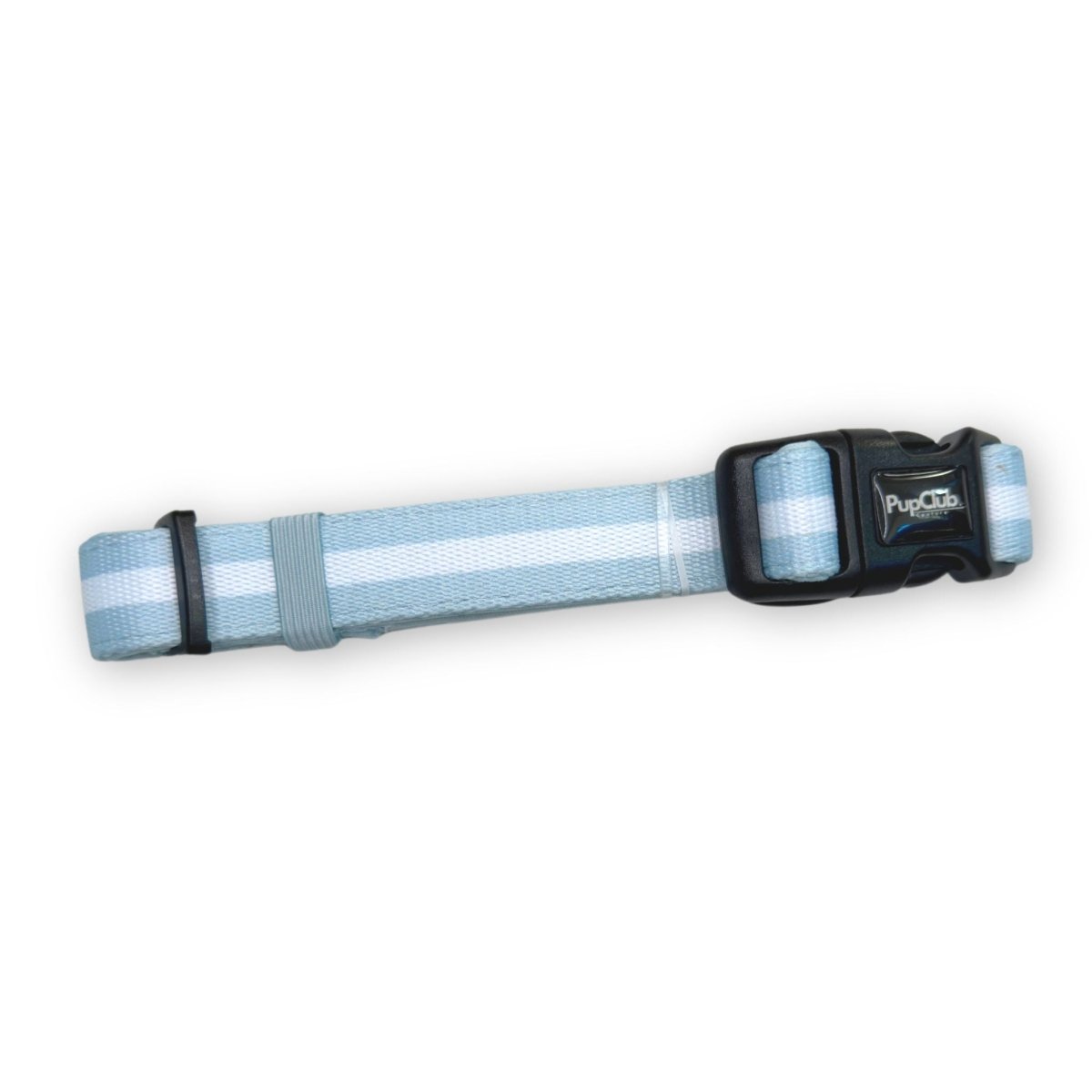 Pastel blue dog collar end with black buckle and woven plaid strap