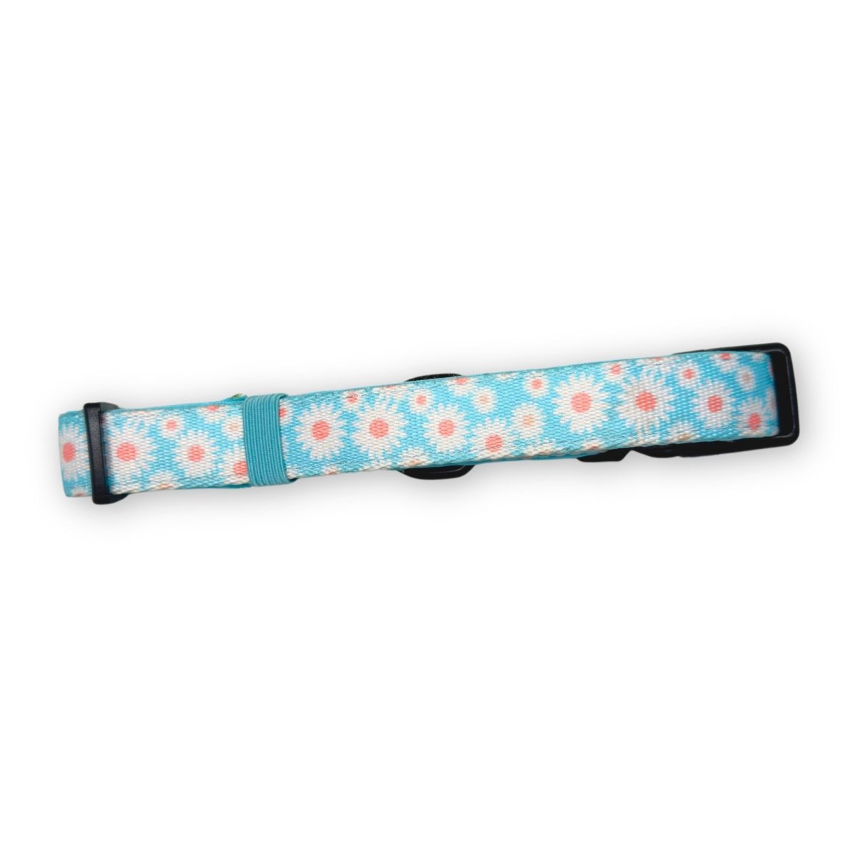 Pastel daisy dog collar with black adjuster and light blue fabric