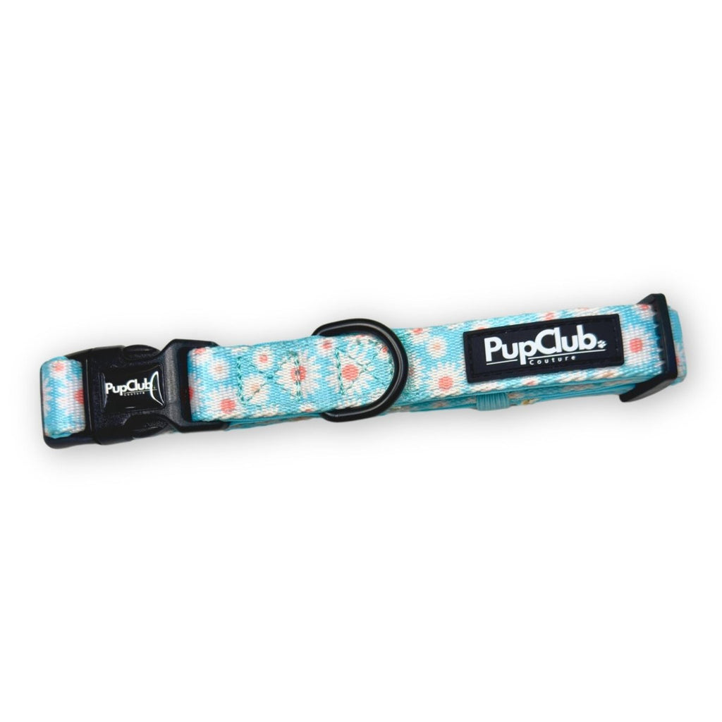 Pastel daisy patterned dog collar with black buckle and PupClub logo patch