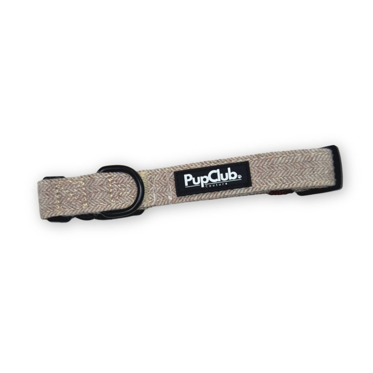 Tweed dog collar in brown herringbone with black adjustment buckle