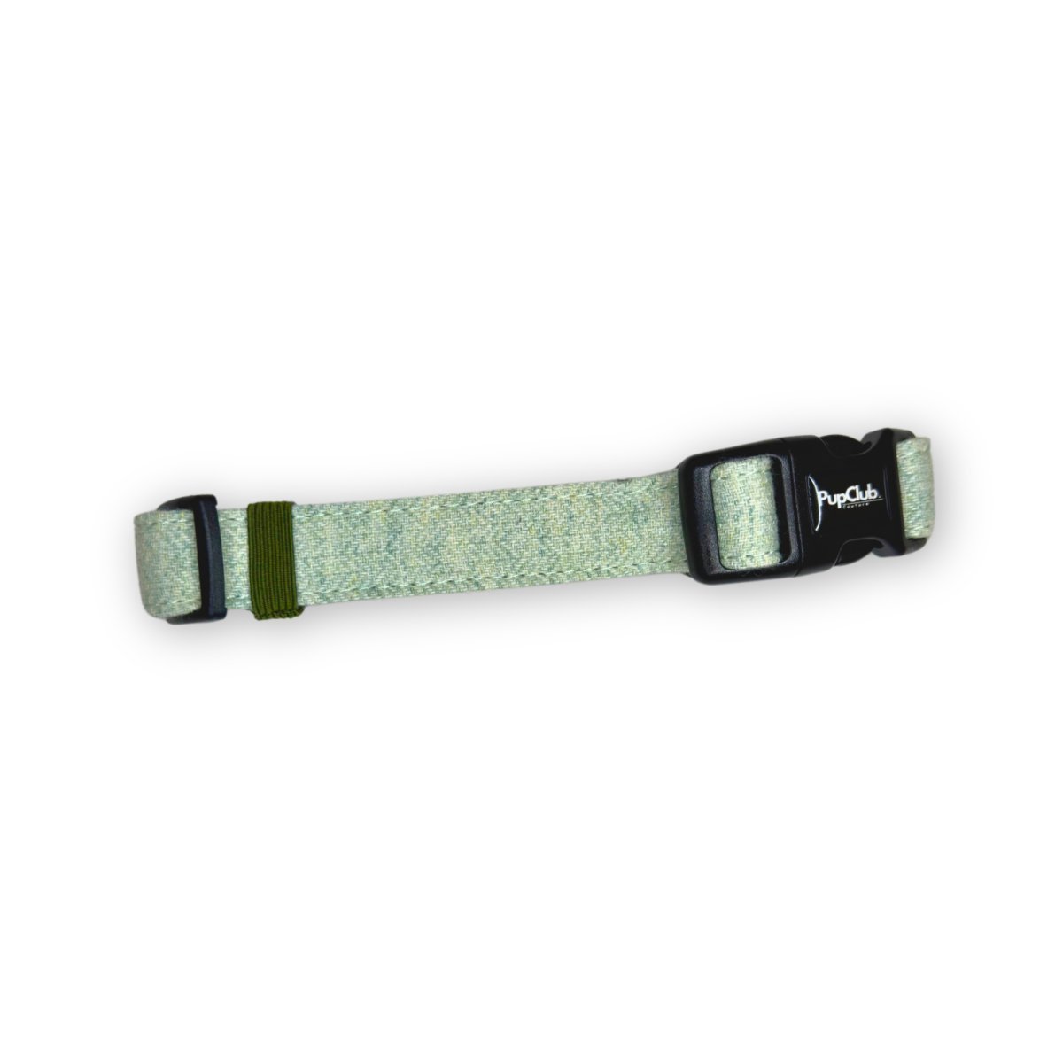 Side view tweed sage dog collar with black buckle and PupClub logo patch