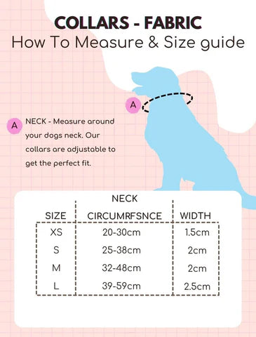 Collars fabric measuring guide with neck size chart and width for XS to L