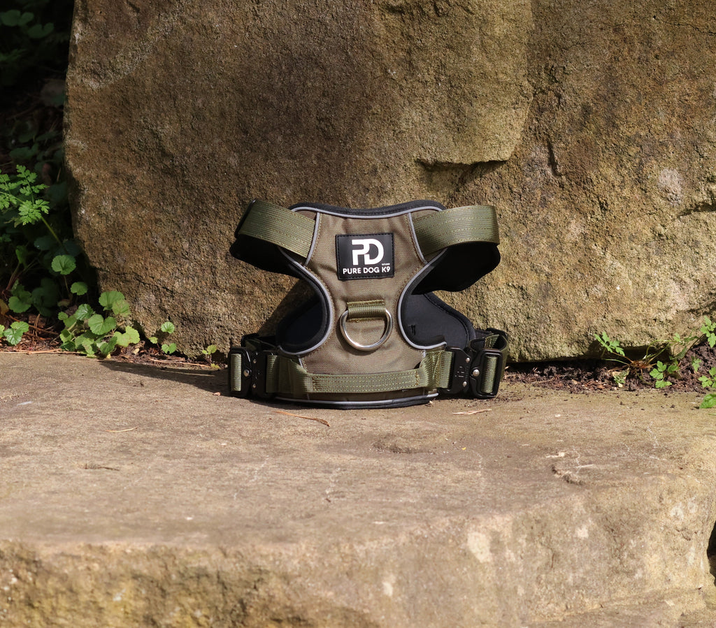 Khaki dog comfort harness with front metal ring and adjustable side buckles