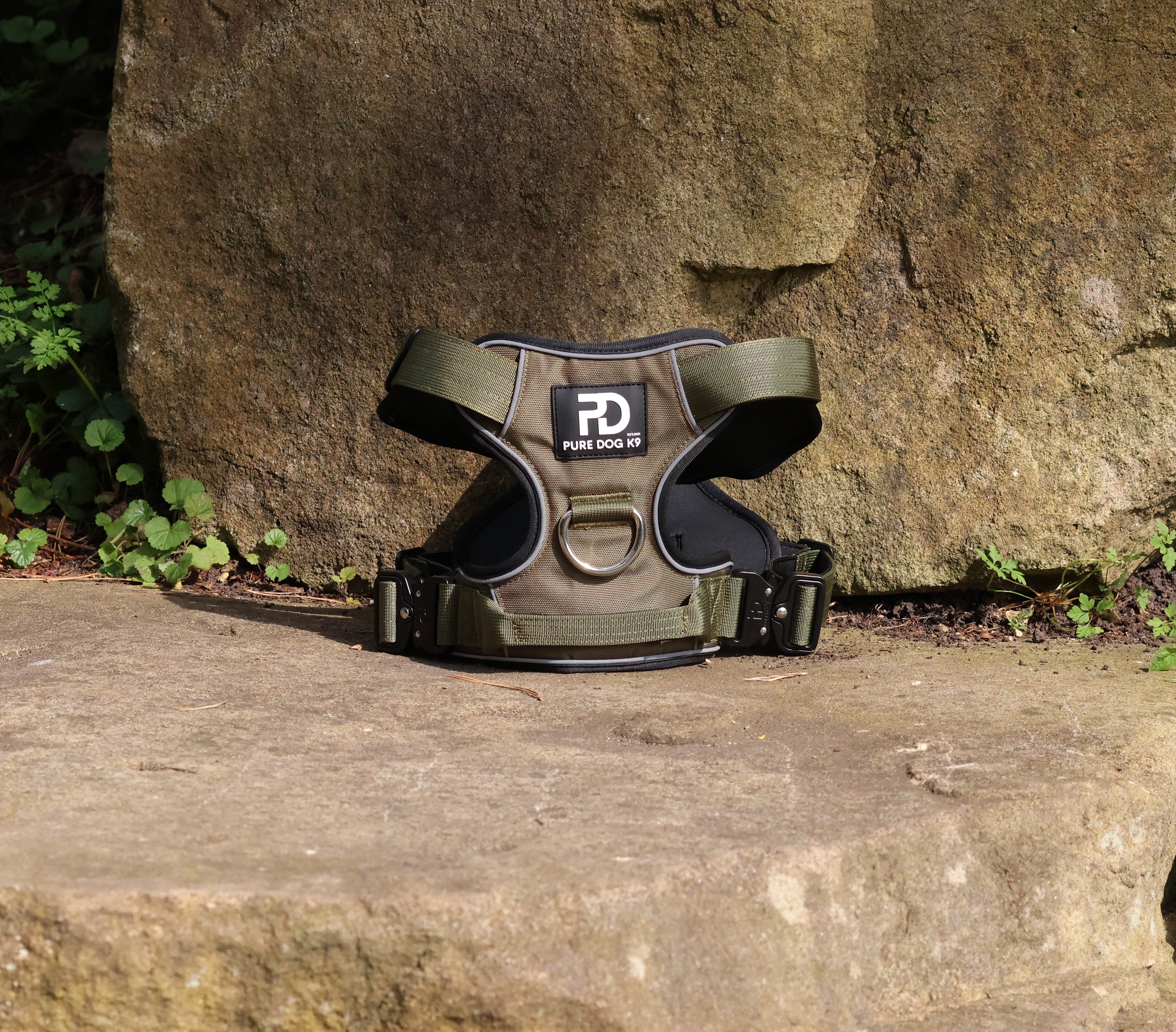 Khaki dog comfort harness with front metal ring and adjustable side buckles
