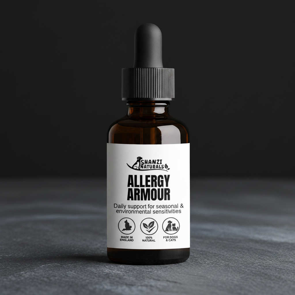 Amber tincture bottle with black dropper, Allergy Armour label on front