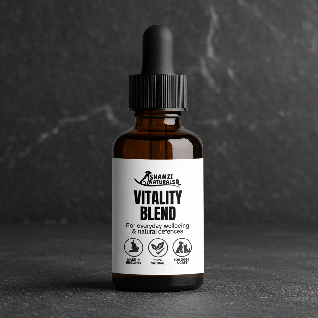 Vitality Blend tincture bottle with dropper, amber glass front label