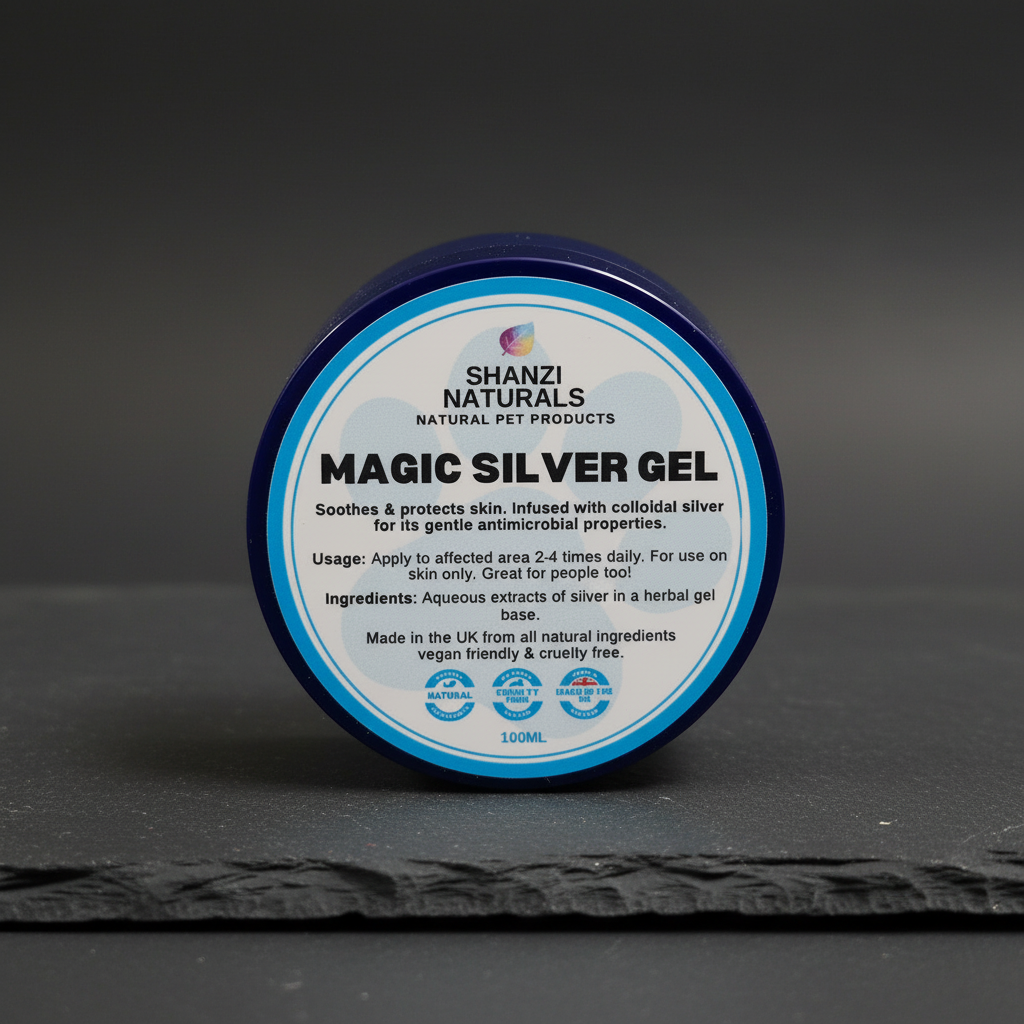 Magic Silver Gel jar with Shanzi Naturals label and blue outer ring