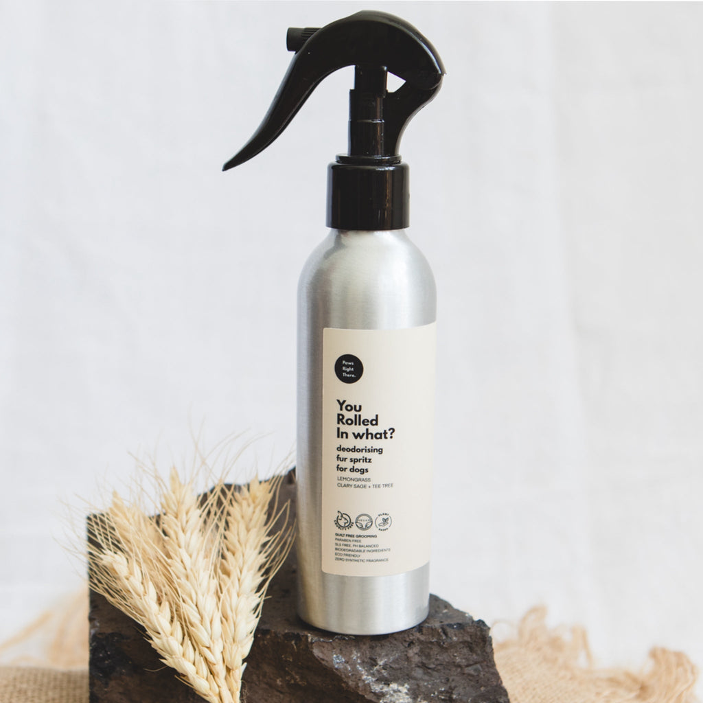 Deodorising dog fur deodoriser spritz, silver 150ml bottle with black trigger sprayer.