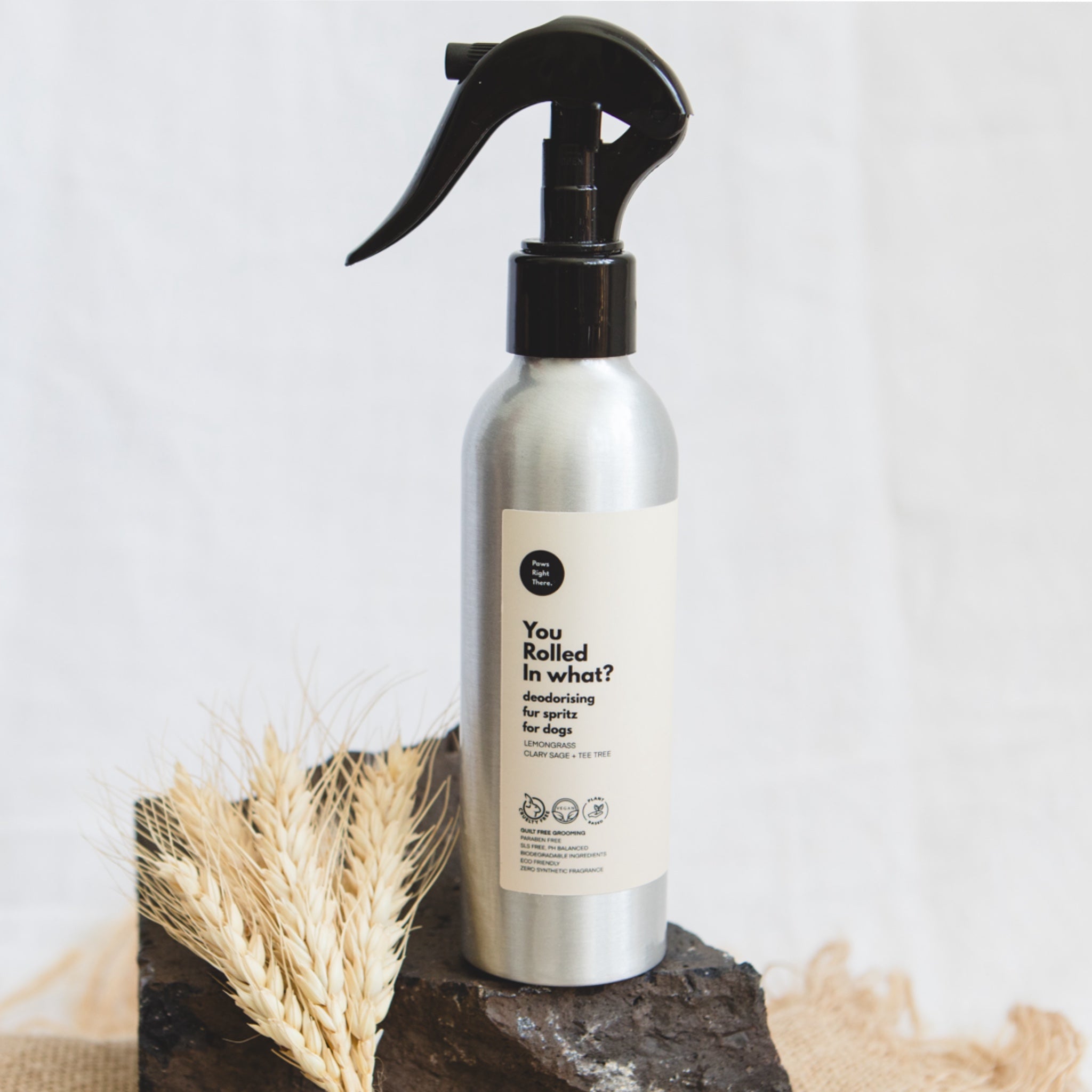 Deodorising dog fur deodoriser spritz, silver 150ml bottle with black trigger sprayer.