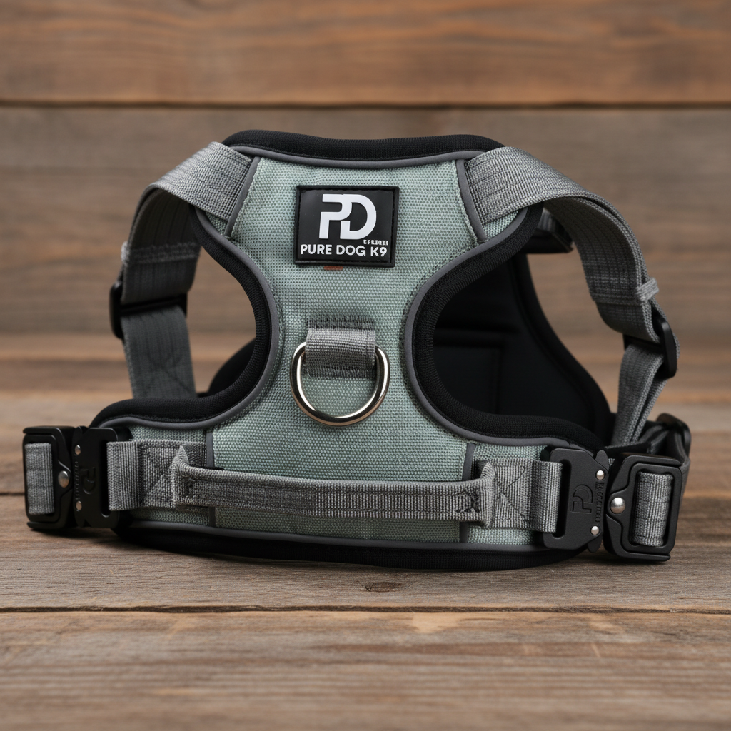 Grey padded dog comfort harness with front metal D-ring and black side straps