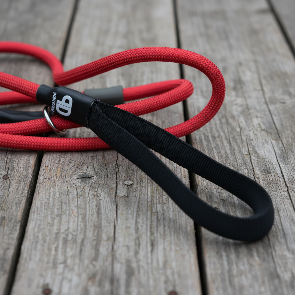 Red nylon slip lead with black handle and metal clip on wooden boards