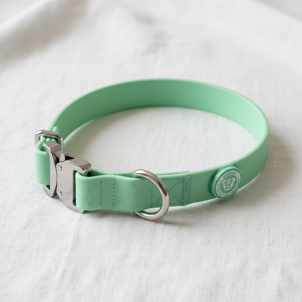 Mint green puppy waterproof dog collar with silver buckle and round logo emblem