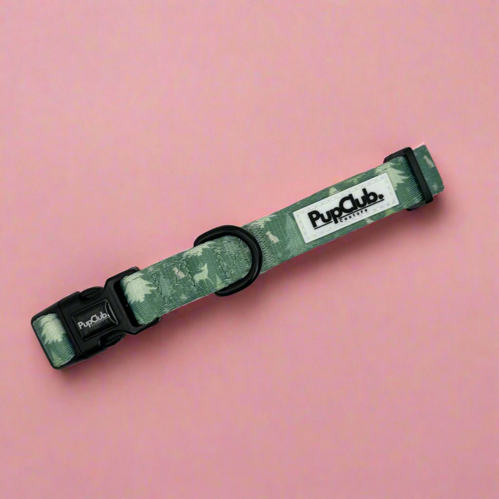 Evergreen Trails Dog Collar – Forest Green Nature Print | PupClub Couture