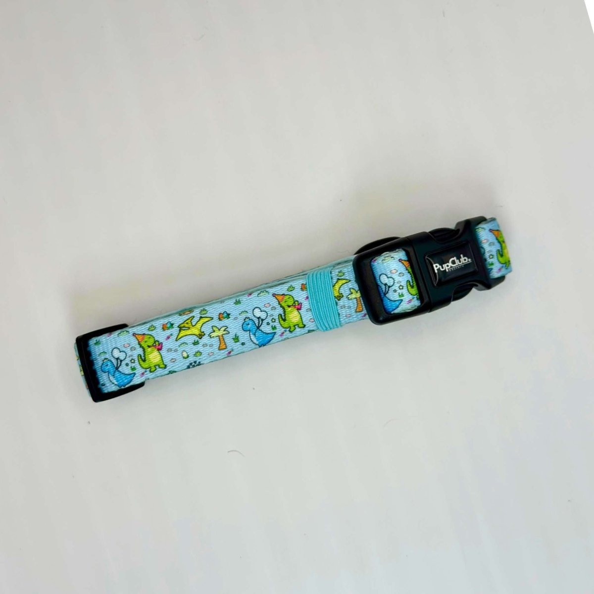 Jurassic Party pet collar with blue dinosaur pattern and black clasp buckle